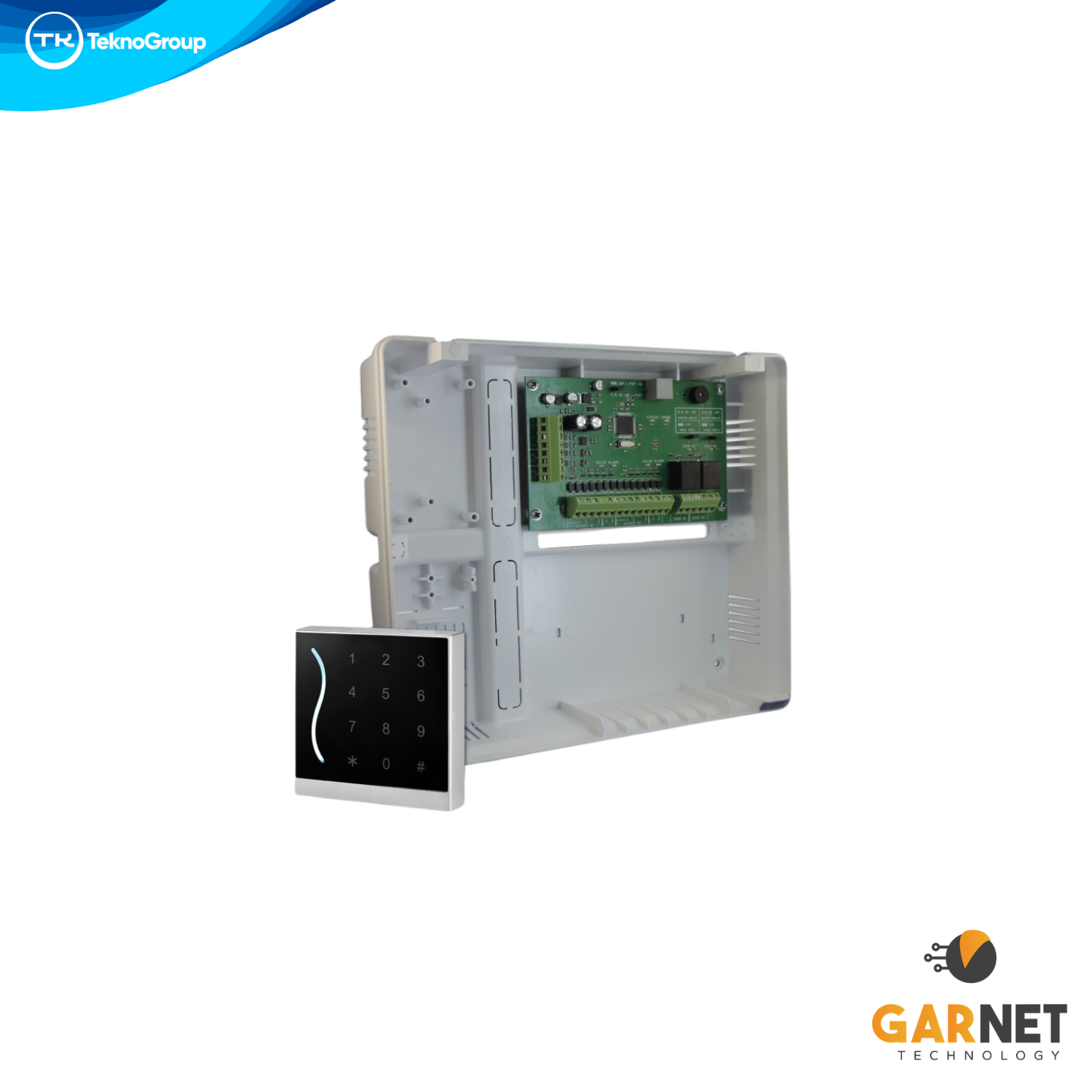 Kit Control de Acceso Garnet 2 Puertas por Bus - Módulo Controlador con Lectora RFID ProID30 BE Apta Exterior, Teclado Numérico y Gabinete