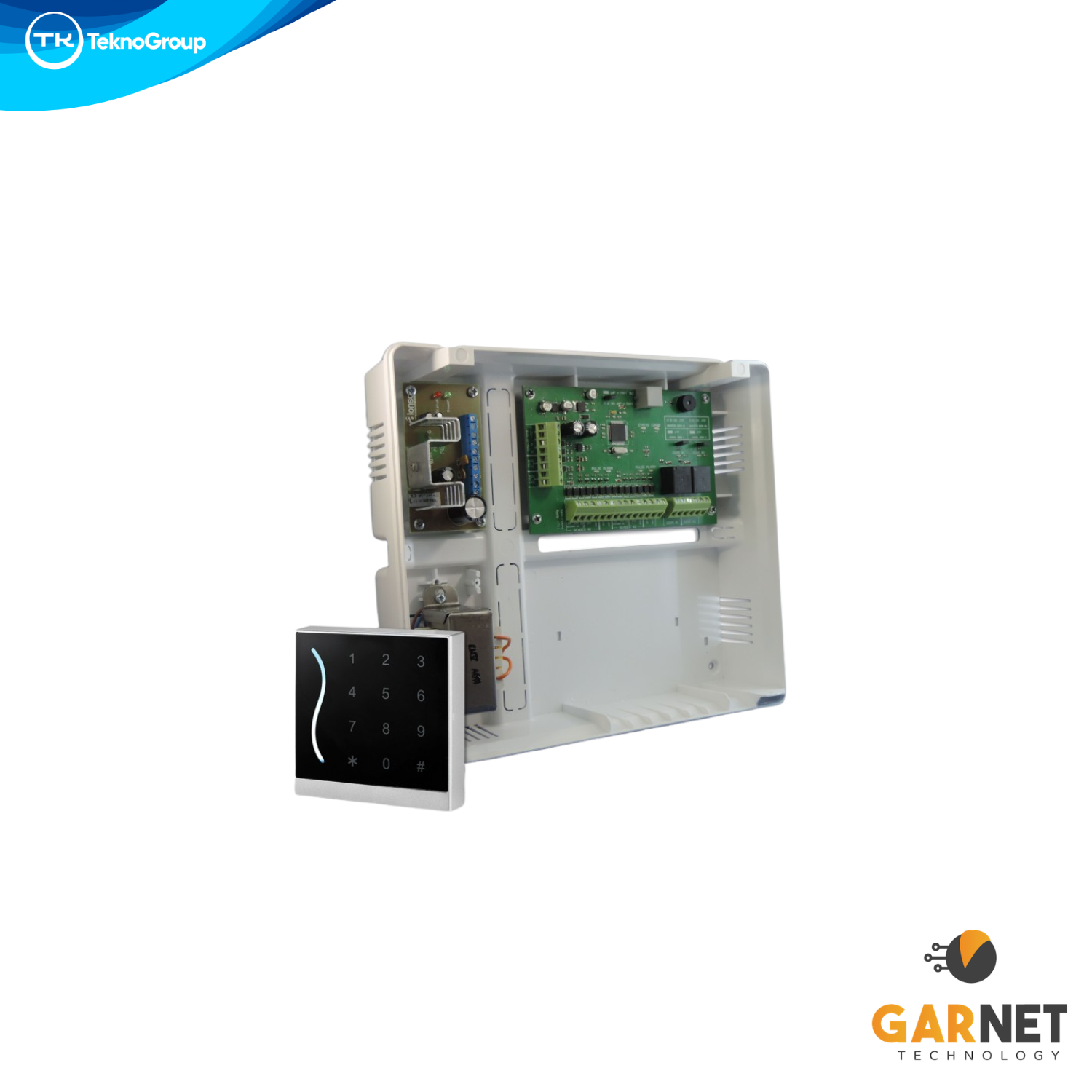 Kit Control de Acceso Garnet 2 Puertas por Bus - Módulo con Lectora RFID y Teclado, Fuente Supervisada, Gabinete y Transformador