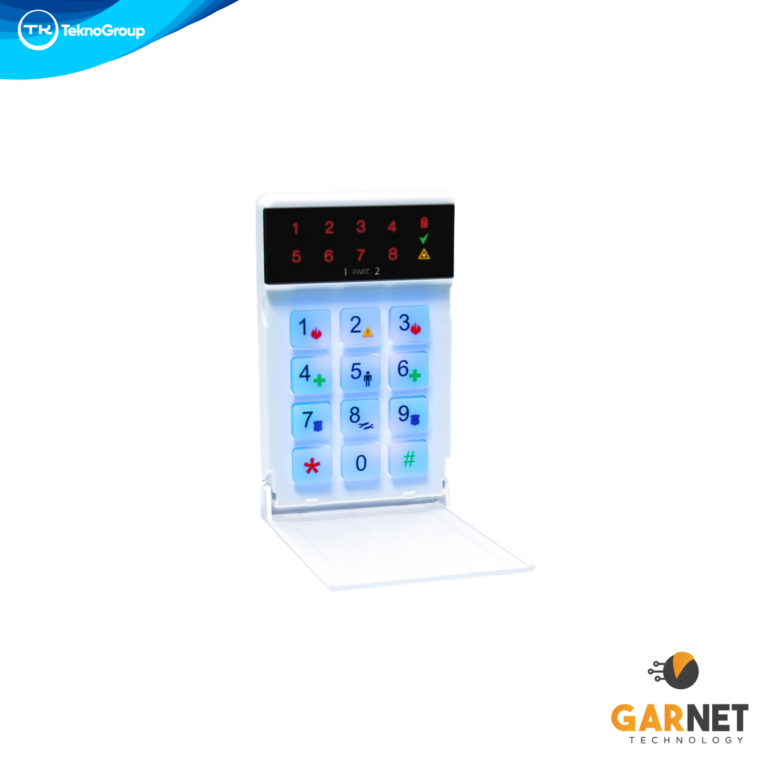 Teclado LED de 8 Zonas Garnet - 1 Zona Cableada en Placa, Audio Verificación Opcional, Teclas de Emergencia y Compatible con PC-732G y PC-900G