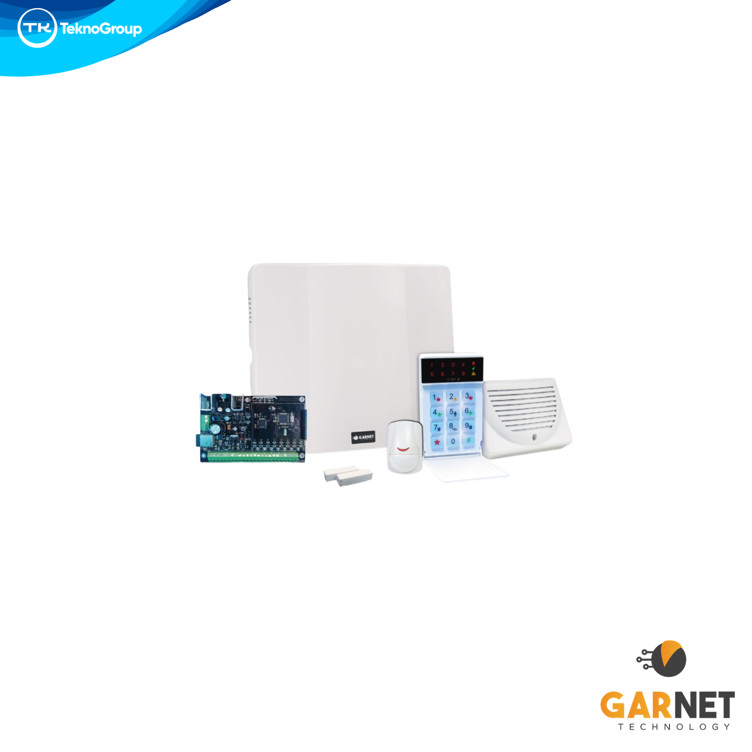 Kit de Alarma Cableado Garnet - Central PC-900 32 Zonas, Teclado LED, Sensor PIR Pet 18kg, Sensor Magnético, Sirena, Gabinete y Transformador