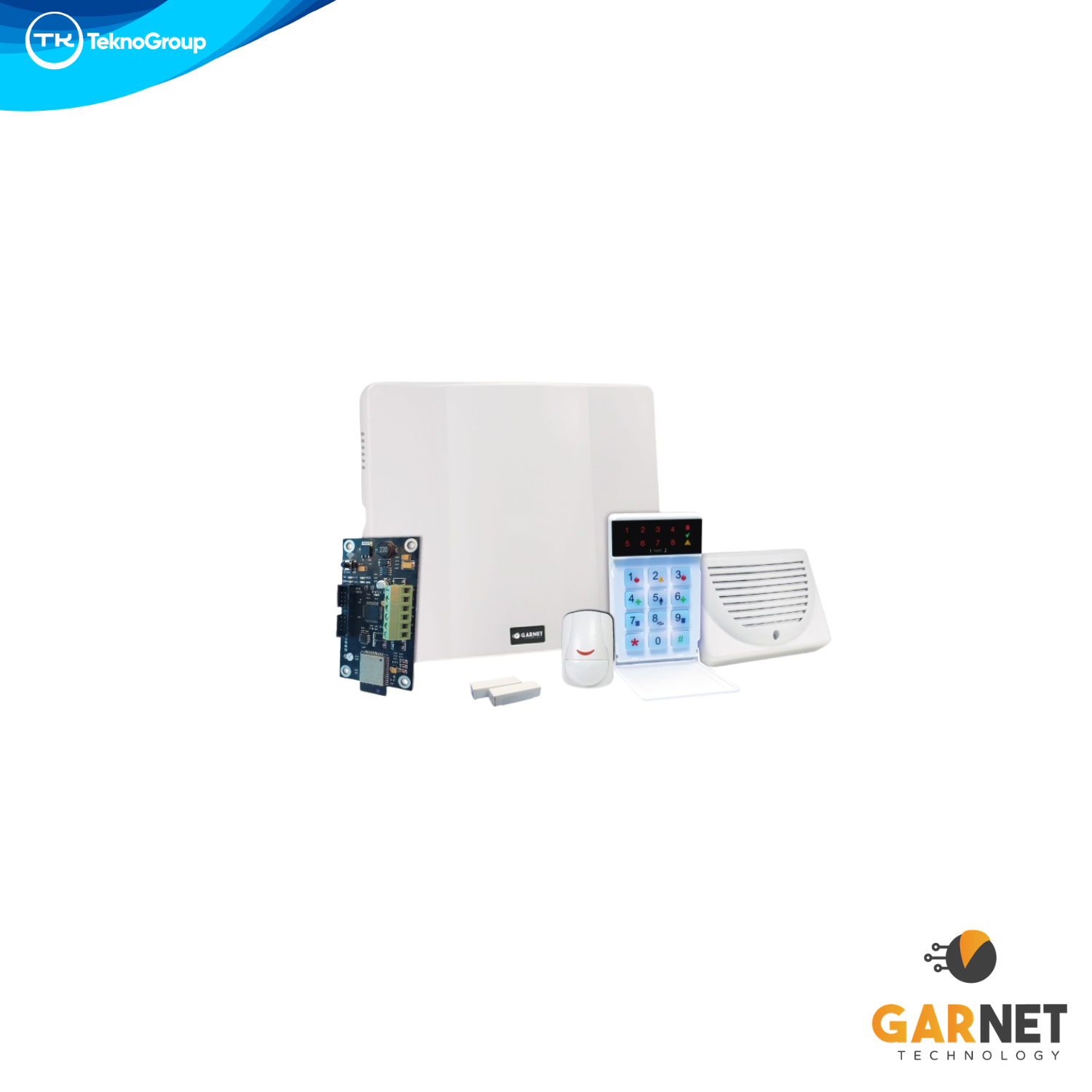 Kit de Alarma WiFi Garnet - Central PC-732, Comunicador IP WiFi, Teclado LED, Sensor PIR Pet 18kg, Sensor Magnético, Sirena y Transformador