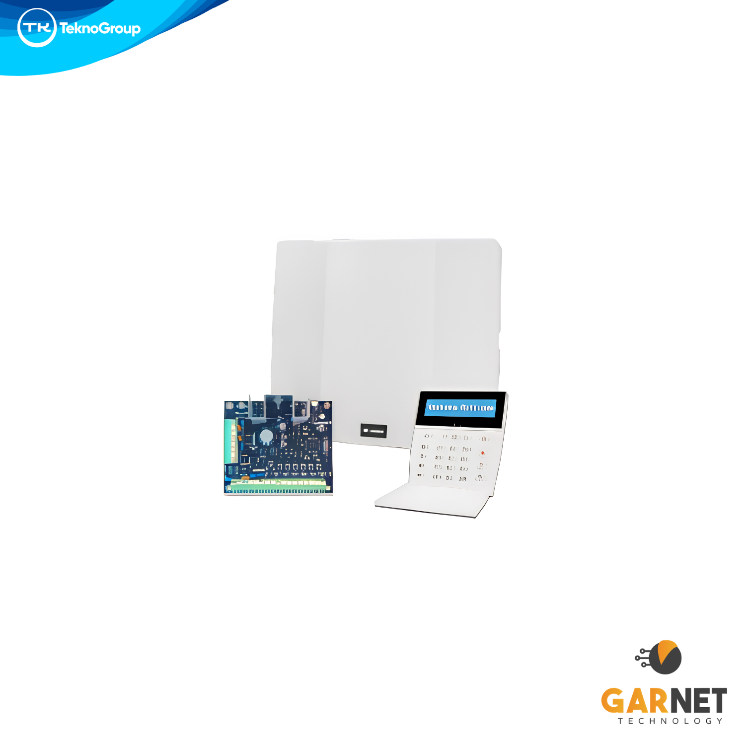 Central de Alarma Híbrida Garnet 7 a 32 Zonas - 2 Particiones, Teclado LED, Gabinete, Transformador, Resistencias y Cables para Batería
