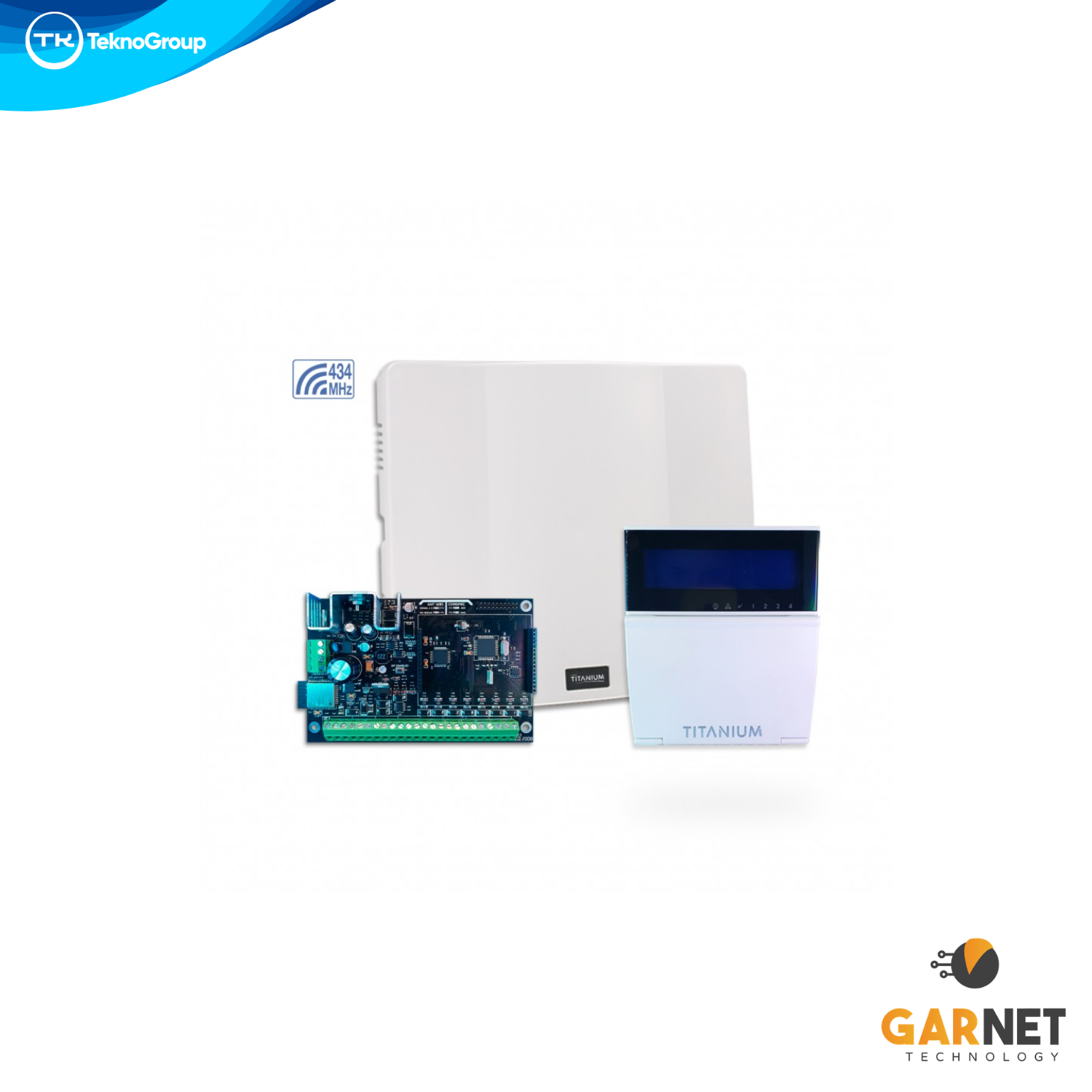 Central de Alarma Híbrida Garnet Línea Titanium 8 a 32 Zonas - WiFi Integrado, 4 Particiones, Teclado LCD con Receptor RF y Accesorios
