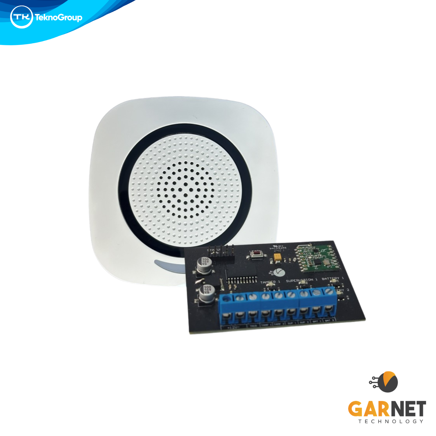 Sirena de Interior Inalámbrica Universal Garnet con Interfaz Transmisora - Alto Impacto Sonoro, Batería Incluida y Reporte Supervisado