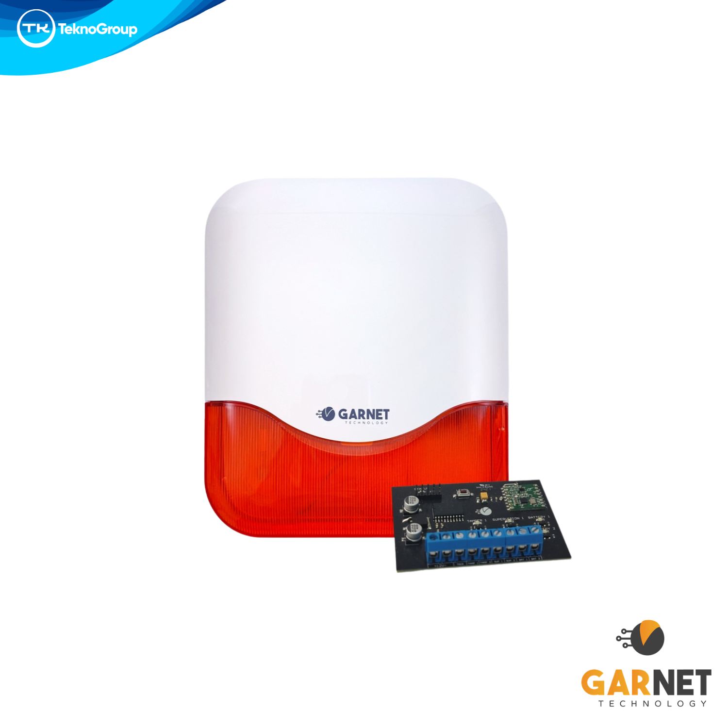 Sirena de Exterior Inalámbrica Universal con Flash Garnet - 118 dB, Interfaz Inalámbrica para Cualquier Panel, Batería Incluida y Doble Tamper