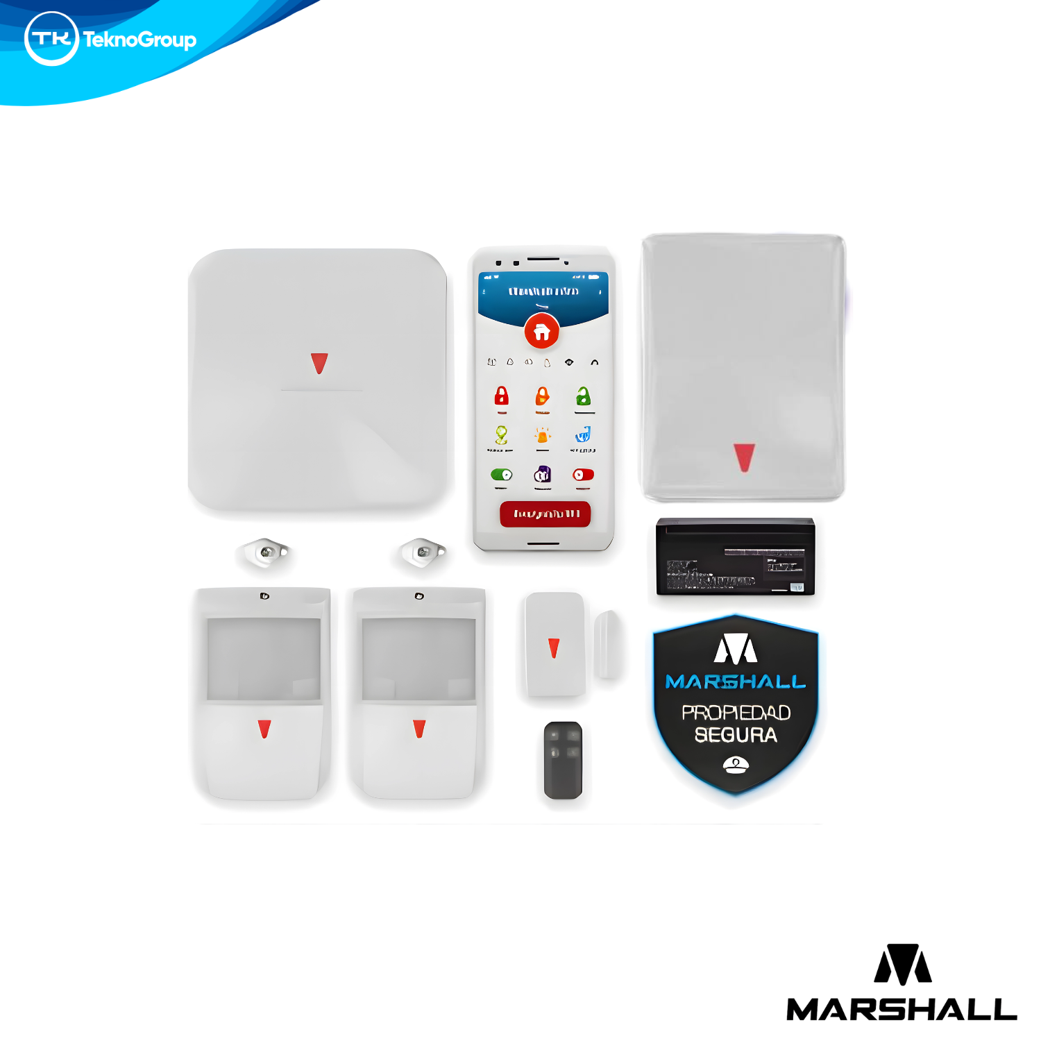 Kit Alarma Inteligente WiFi y 4G Marshall - Batería 2.3A Incluida, Sensor IRIS PET, Sensor Magnético PULSAR, Control REMO TOUCH, Cartel y Chip