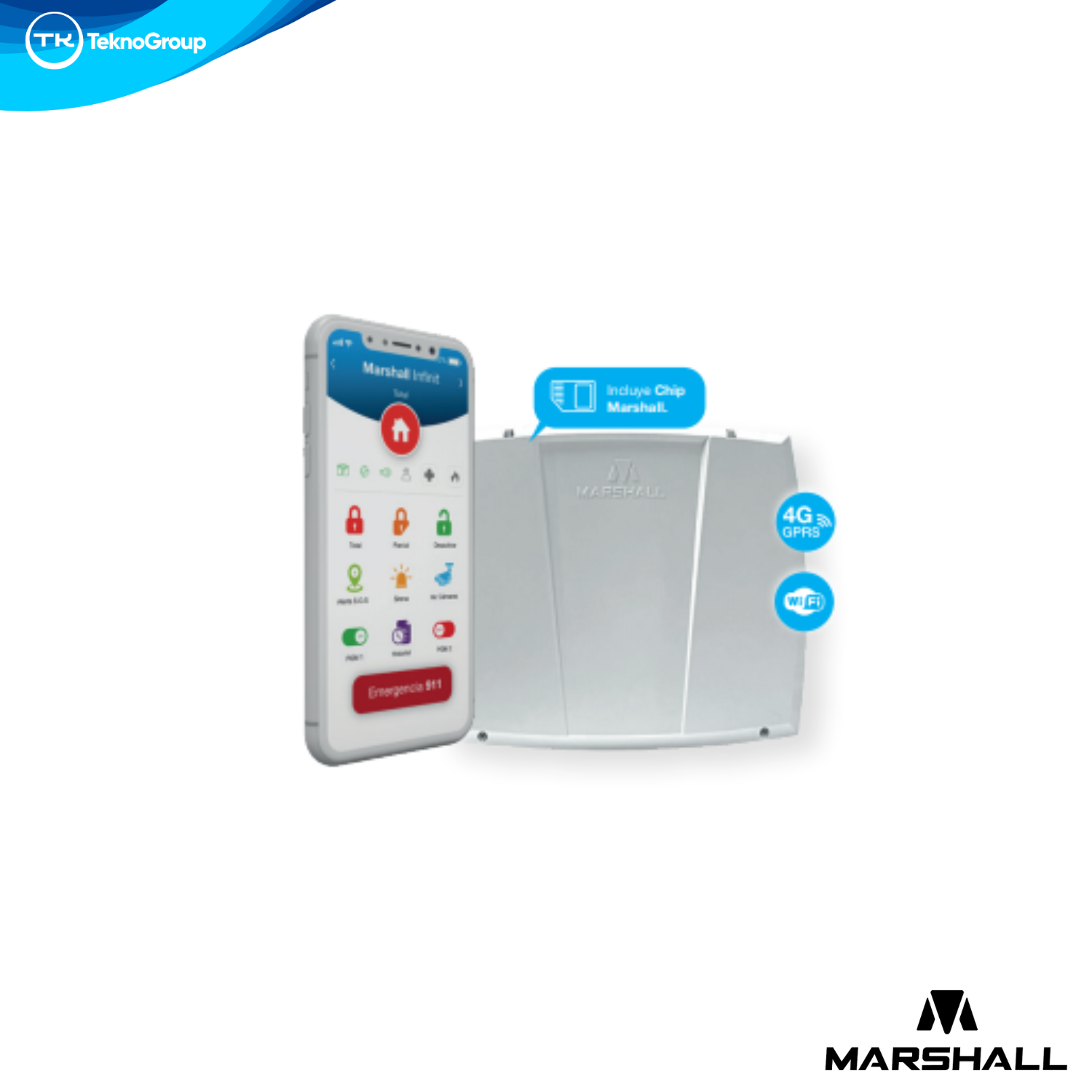 Central de Alarma Inteligente WiFi y 4G Marshall - Gabinete Grande para Batería 12V 7A, Transformador Incluido, Sin Batería