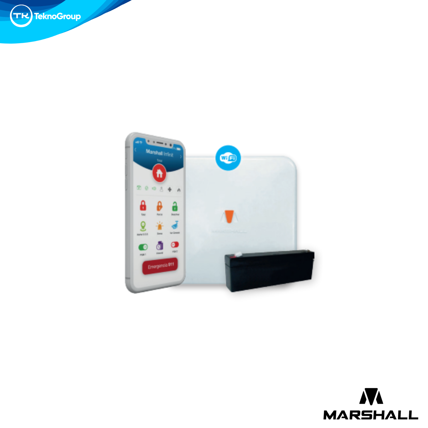 Central de Alarma Inteligente WiFi Marshall IP Infinit - 15 Zonas Inalámbricas, 6 Zonas Cableadas, Batería 2.3A, Sirena Interna, Transformador y Cartel