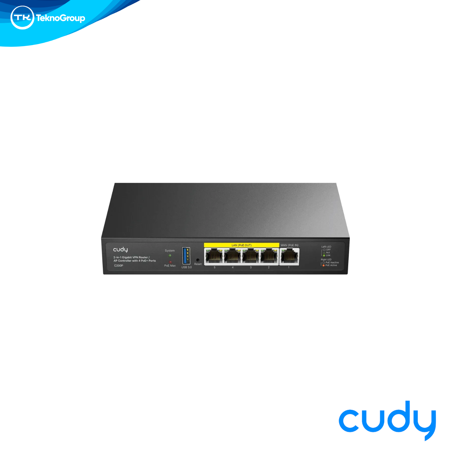 Router VPN Gigabit Controlador AP PoE Cudy C200P - 4 Puertos LAN PoE+ 55W, WAN PoE In, WireGuard, Metal y 200 APs