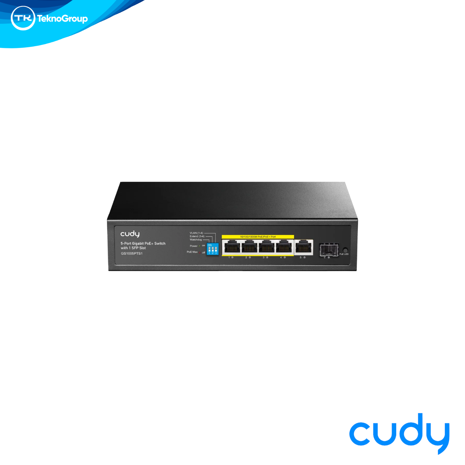 Switch Gigabit PoE+ Cudy GS1005PTS1 Metálico - 4 PoE+ 120W, 1 Uplink RJ45, 1 SFP 1.25G, DIP Switch, Fanless Escritorio