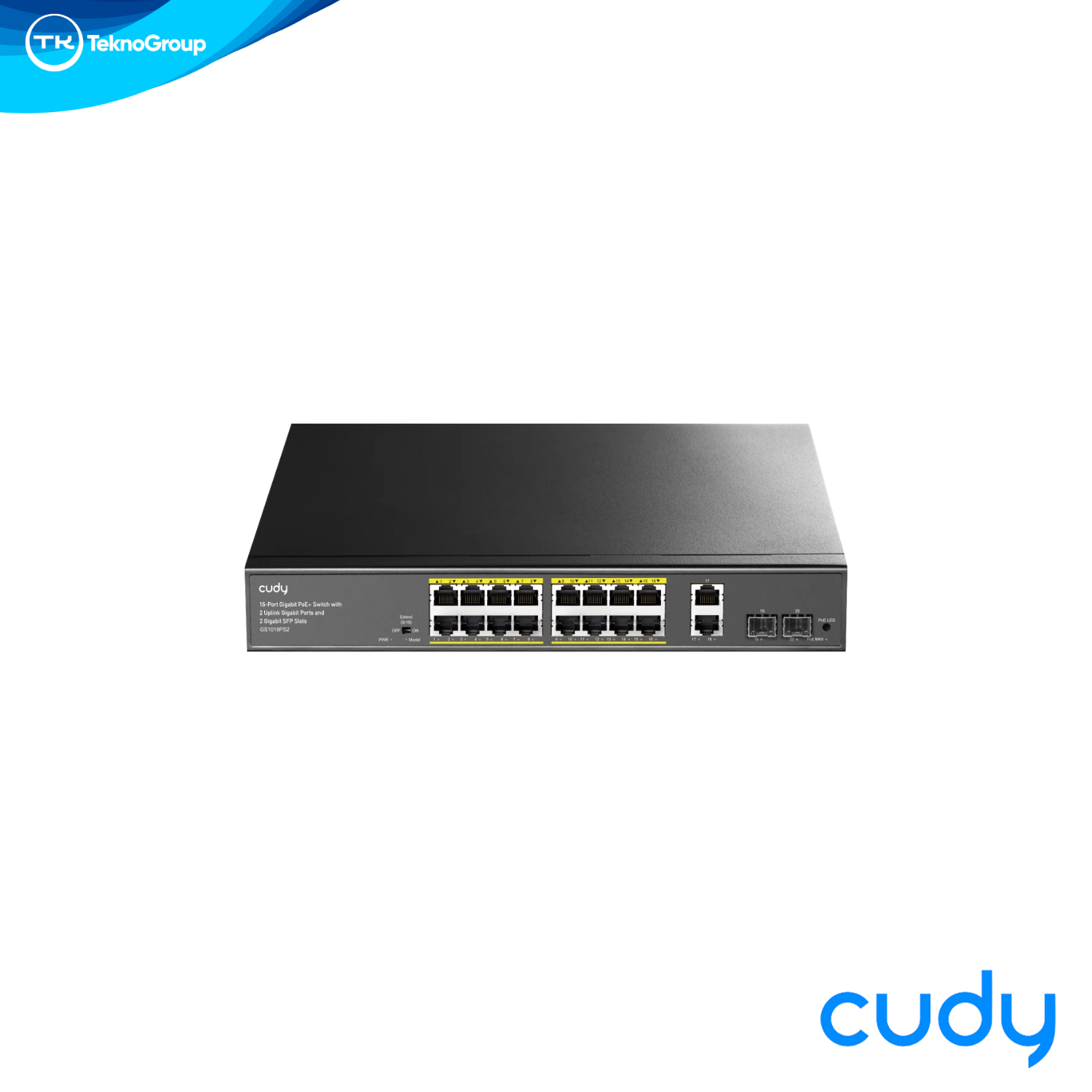 Switch Gigabit PoE+ 16 Puertos Cudy GS1018PS2 Metálico - 16 PoE+ 120W, 2 Uplink RJ45, 2 SFP 1.25G, DIP Switch, Rack 1U
