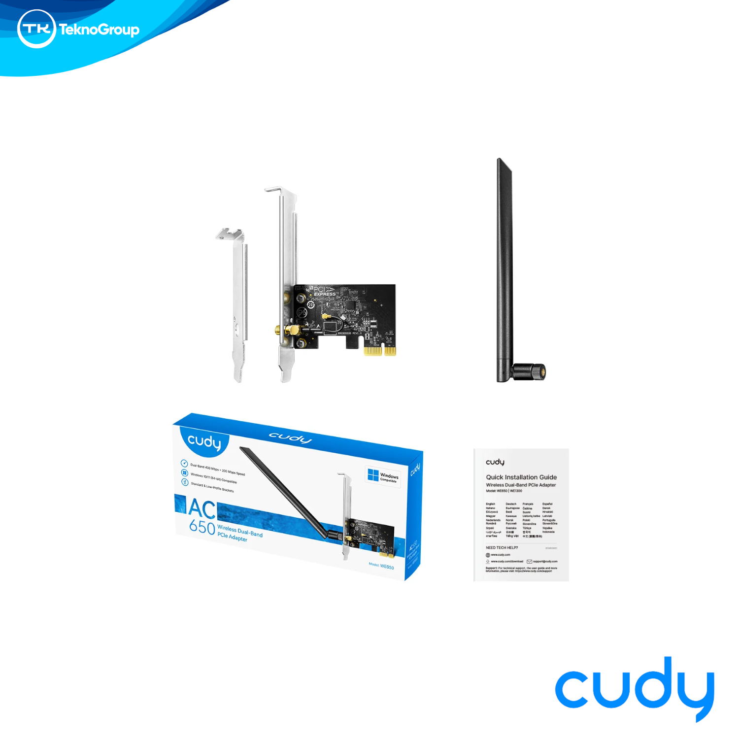 Placa de Red PCIe Wi-Fi AC650 Doble Banda Cudy WE650 - 433Mbps 5GHz + 200Mbps 2.4GHz, Antena 5dBi y Brackets Low/Std